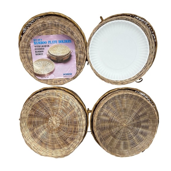 VTG INTERPUR Bamboo Wicker Plates and Basket Holders Four Sets of 8 - Picture 2 of 16